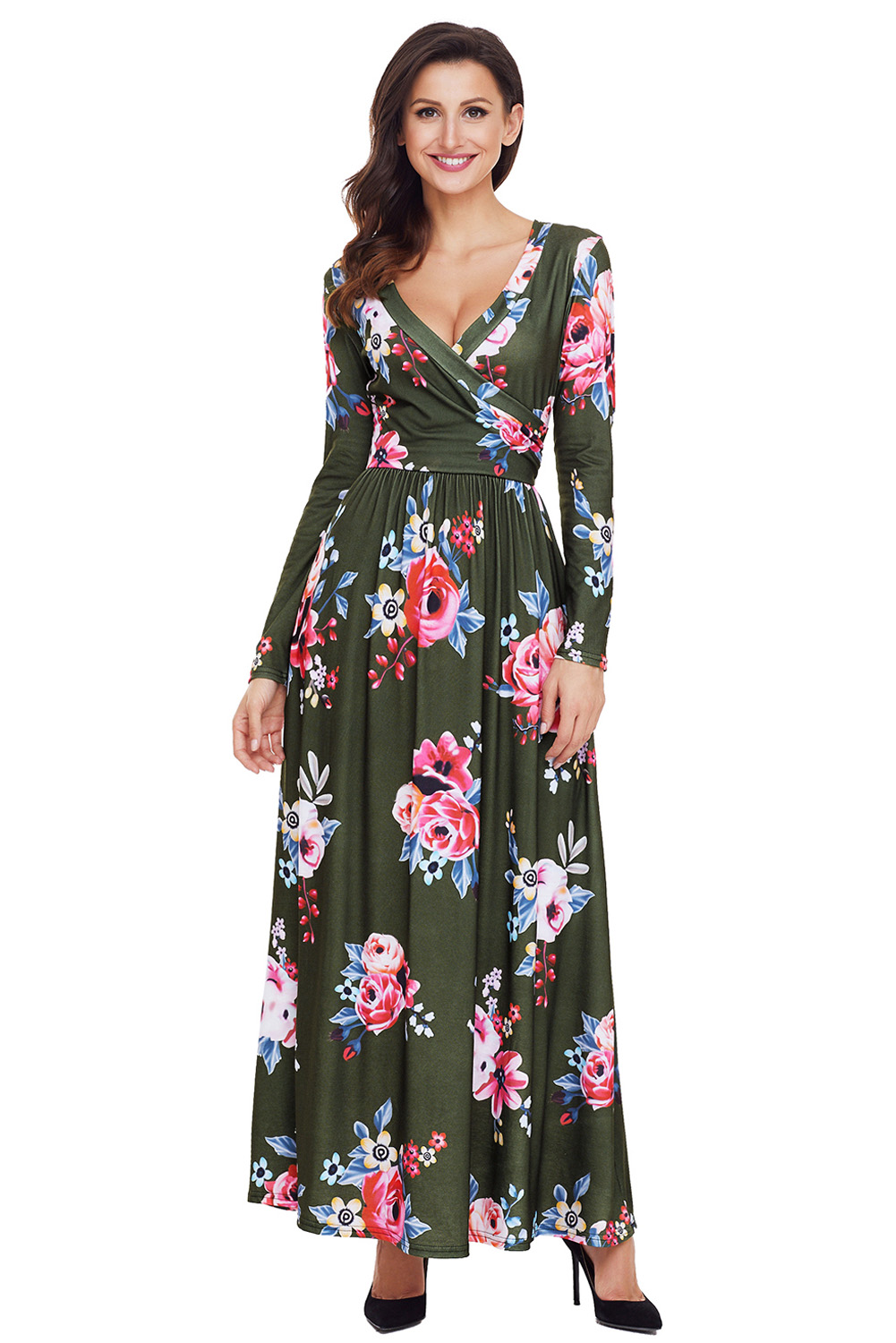 BY61772-9 Olive Floral Surplice Long Sleeve Maxi Boho Dress